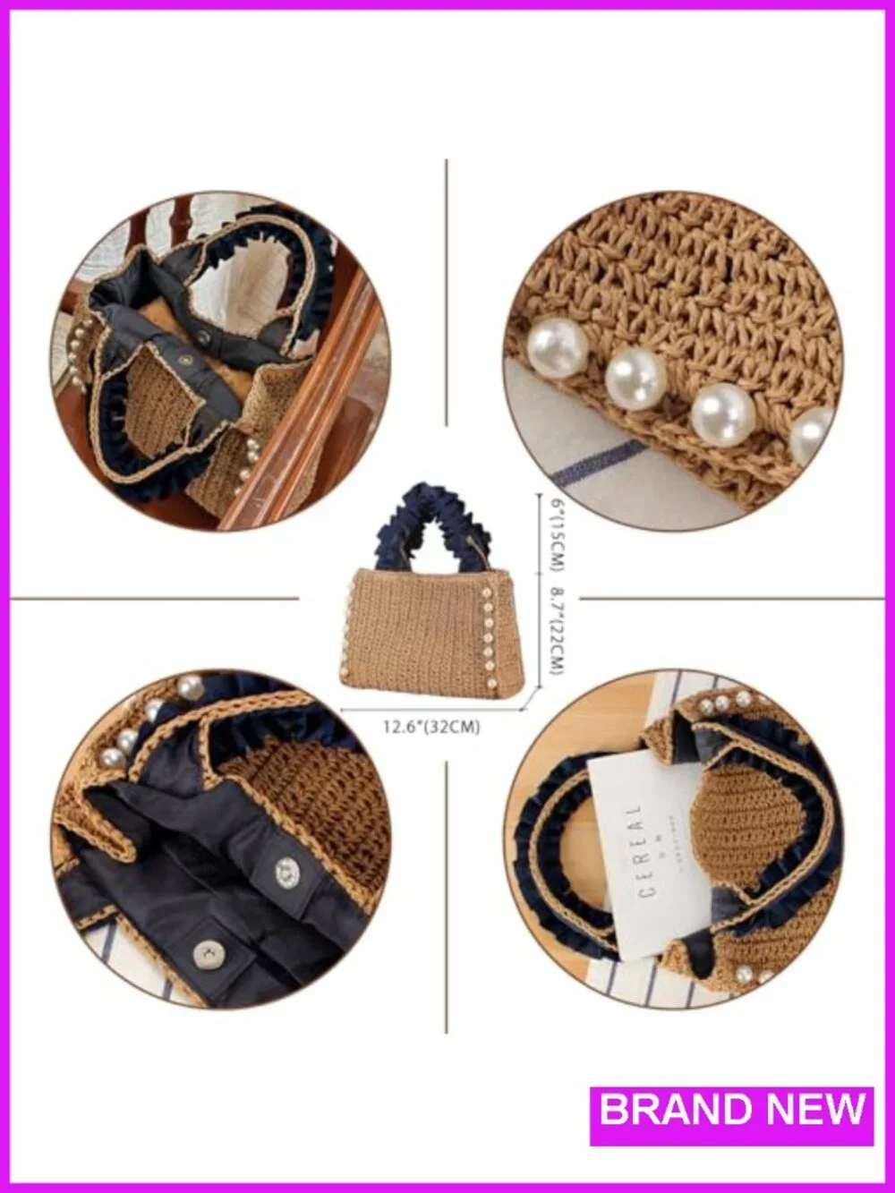 Straw Tote Bag with Pearls Woven Handbag Summer Beach Bag for Women